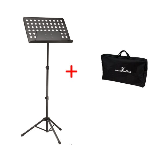 Bundle including orchestra music stand with removable perforated plate and carrying bag