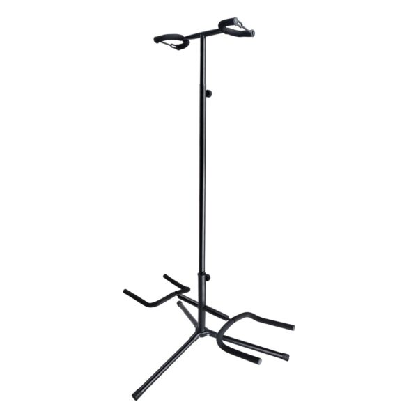 Universal double guitar and bass stand with height adjustment and safety strap