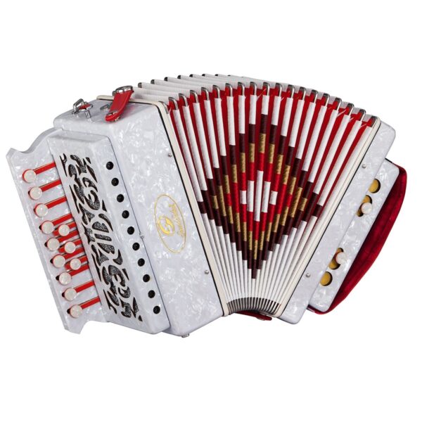D diatoninis celuloidinis akordeonas perlo balta 12 mygtukų 2 bosai su krepšiu