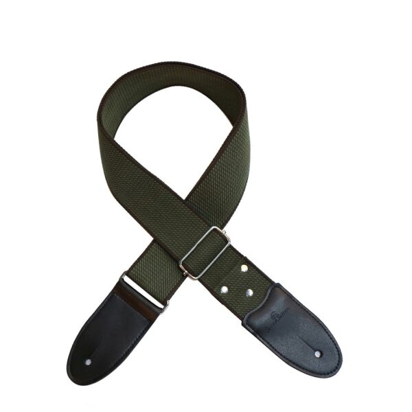 Medvilninis diržas gitarai/basui su tikros odos galais Žalias