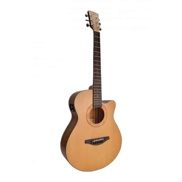 Orchestra cutaway acoustic guitar featuring solid spruce top, engraved rosette and preamp