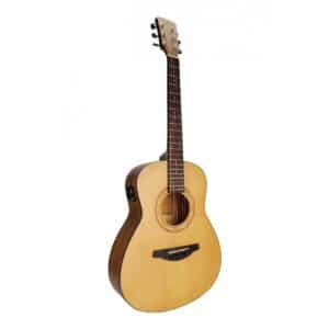 Compact Acoustic guitar featuring solid spruce top, engraved rosette and preamp