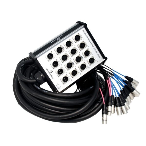 Profesionalus aliuminio Stage Box 12 XLR moterų + 4 XLR vyrų, 15m kabelis, Juodas