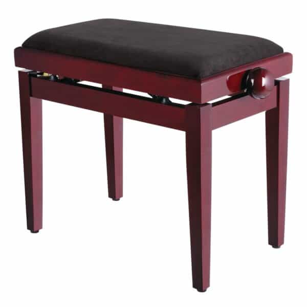 Reguliuojamas blizgus mahagonio pianino suolas su rudos aksominės sėdynės apdaila