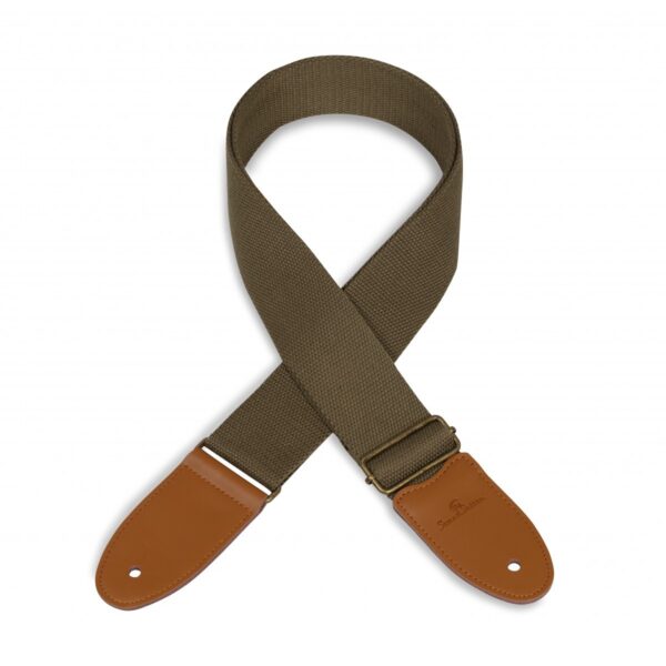 Medvilninis gitaros/boso dirželis su tikros odos galais, karinė žalia